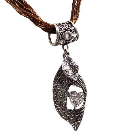 Vintage Torsade Necklace with Chunky Silver Pendant Slide, Pierced Leaf - Picture 1 of 6